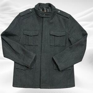 Ben Shermans Mens Wool Blend Jacket Coat Military Style Black Size XL Heringbone